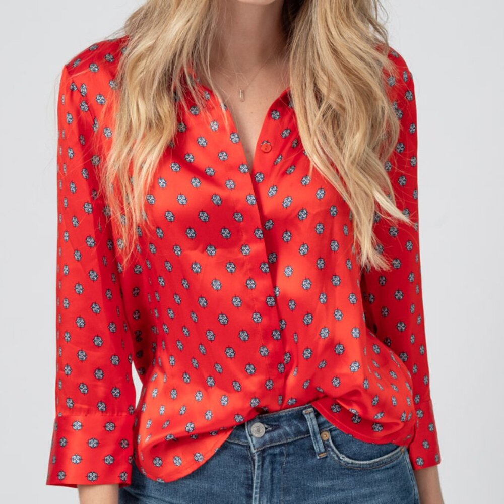 L'AGENCE Silk Jil Blouse in Royal Red Multi Maestro - Picture 1 of 5